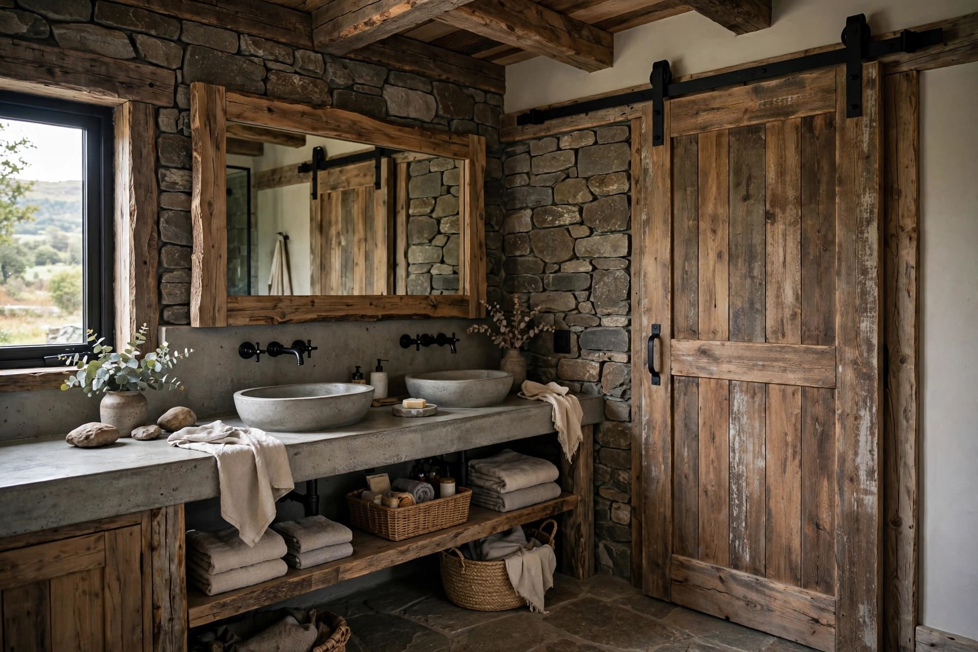 rustic bathroom: iron sconces and matte black taps over a wood vanity