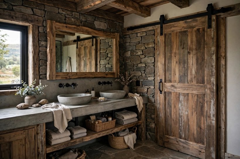 rustic bathroom: iron sconces and matte black taps over a wood vanity