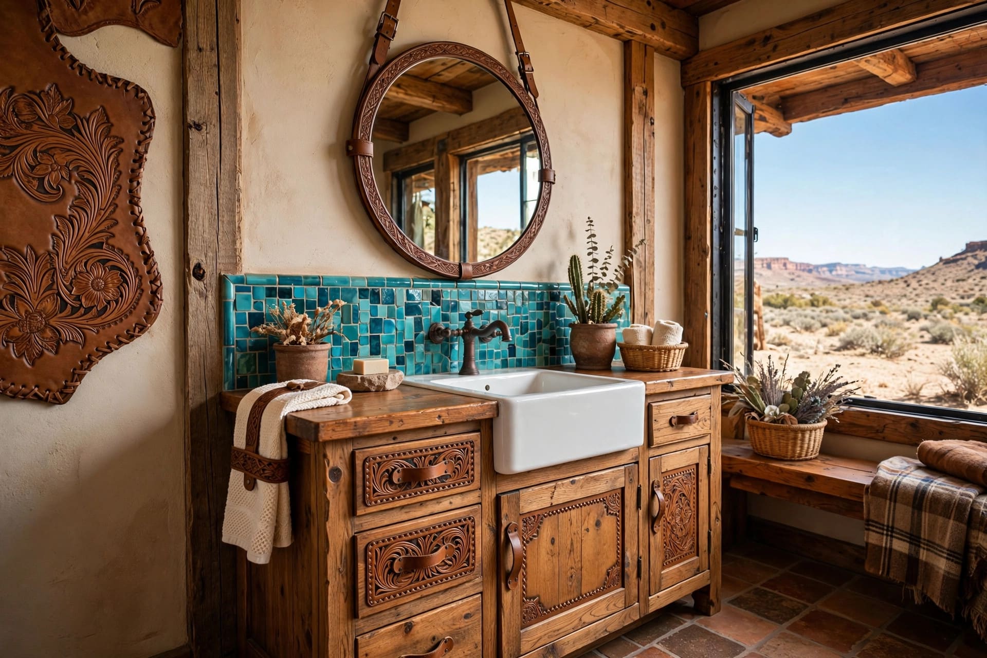 rustic bathroom: compact layout with a wood-framed mirror and wall hooks