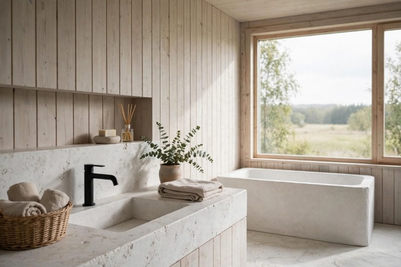 rustic bathroom: weathered wood cabinetry with iron cup pulls