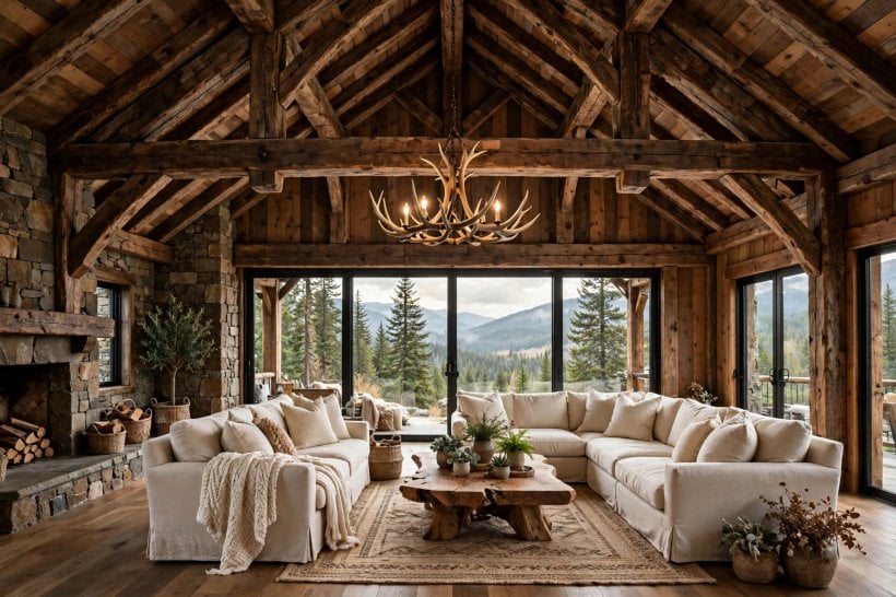 rustic great room ideas: sofas gathered around a stone fireplace