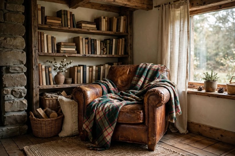 rustic great room ideas: leather chair with woven throws and cushions