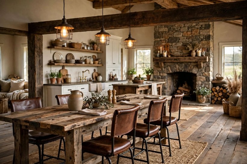 rustic great room ideas: warm lamps glowing in a timber room