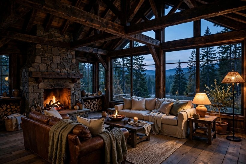 rustic great room ideas: layered rugs on wide wooden floorboards