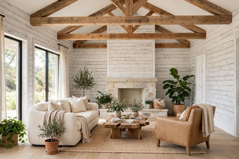 rustic great room ideas: plants and baskets styling a wooden shelf