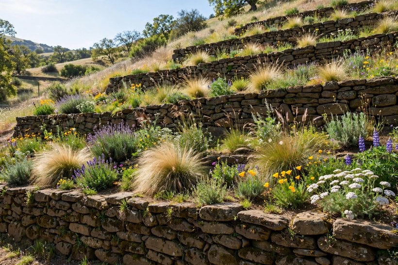rustic landscaping: gravel path with timber edging and loose planting