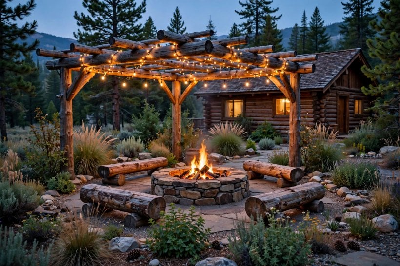 rustic landscaping: stone patio corner with timber bench and pots