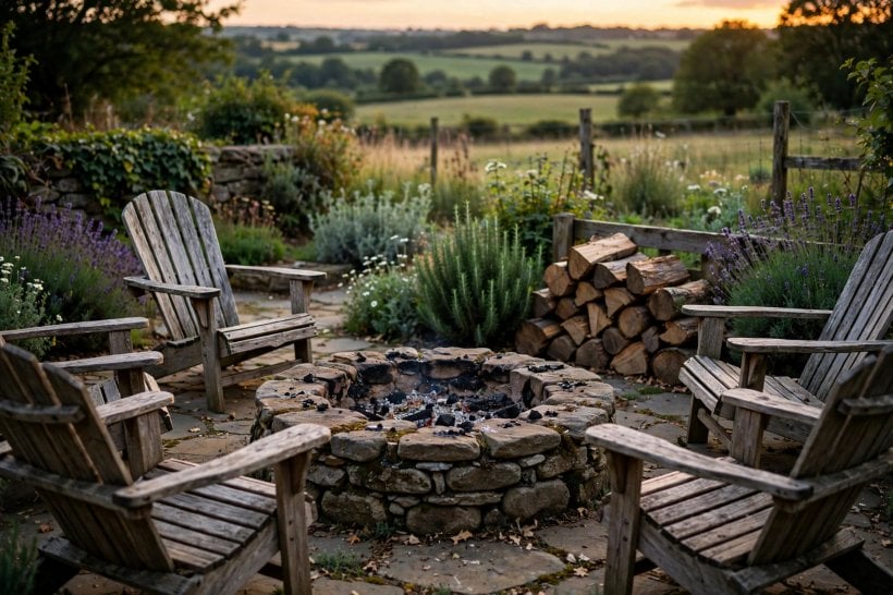 diy country outdoor patio: gravel patio layout with timber edging and bench seating