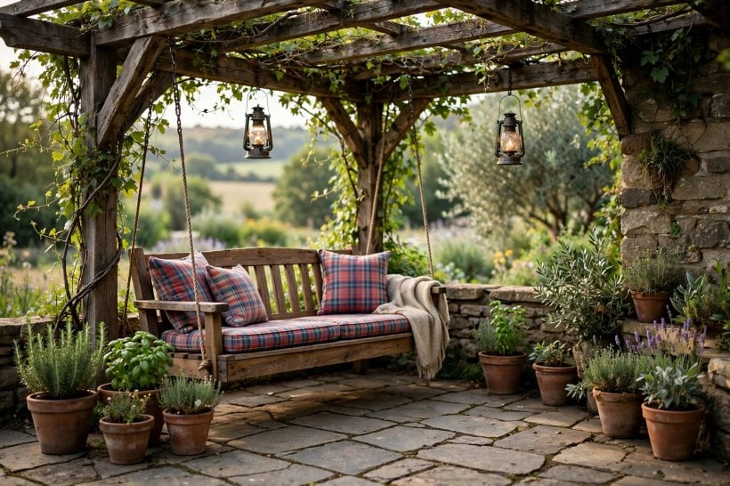 diy country outdoor patio: built-in corner bench with cushions around a fire pit