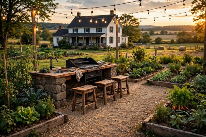 diy country outdoor patio: farmhouse table set for an outdoor meal on a brick patio