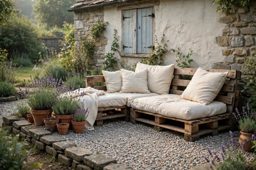 diy country outdoor patio: string lights and lanterns glowing over an evening patio