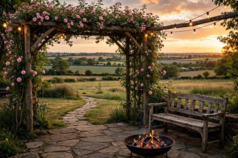 diy country outdoor patio: potted herbs and handmade details along a rustic patio edge