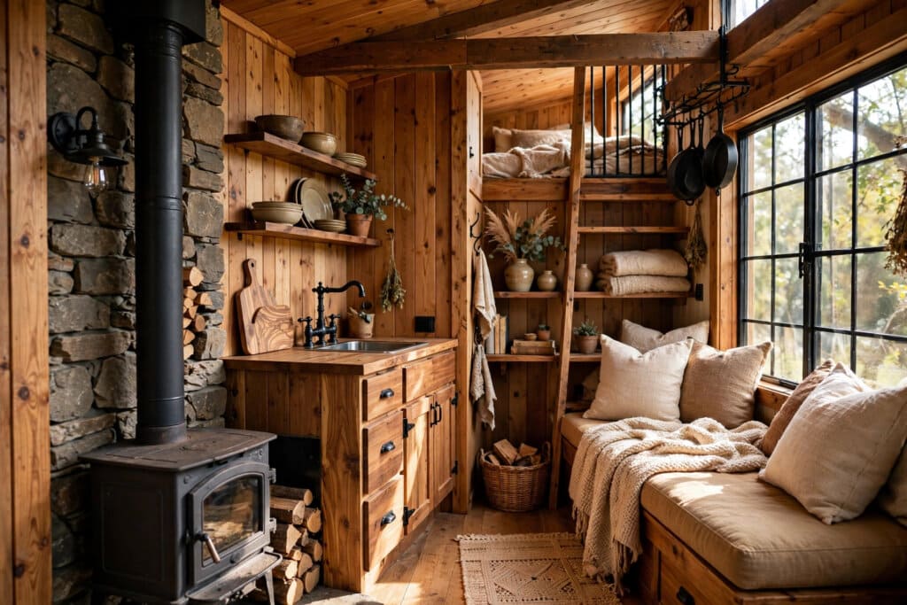rustic tiny house interior with warm wood walls, iron details and wool and leather textiles in a small cabin room