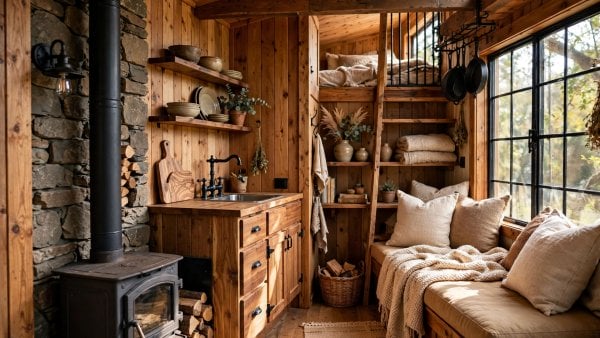 rustic tiny house interior with warm wood walls, iron details and wool and leather textiles in a small cabin room