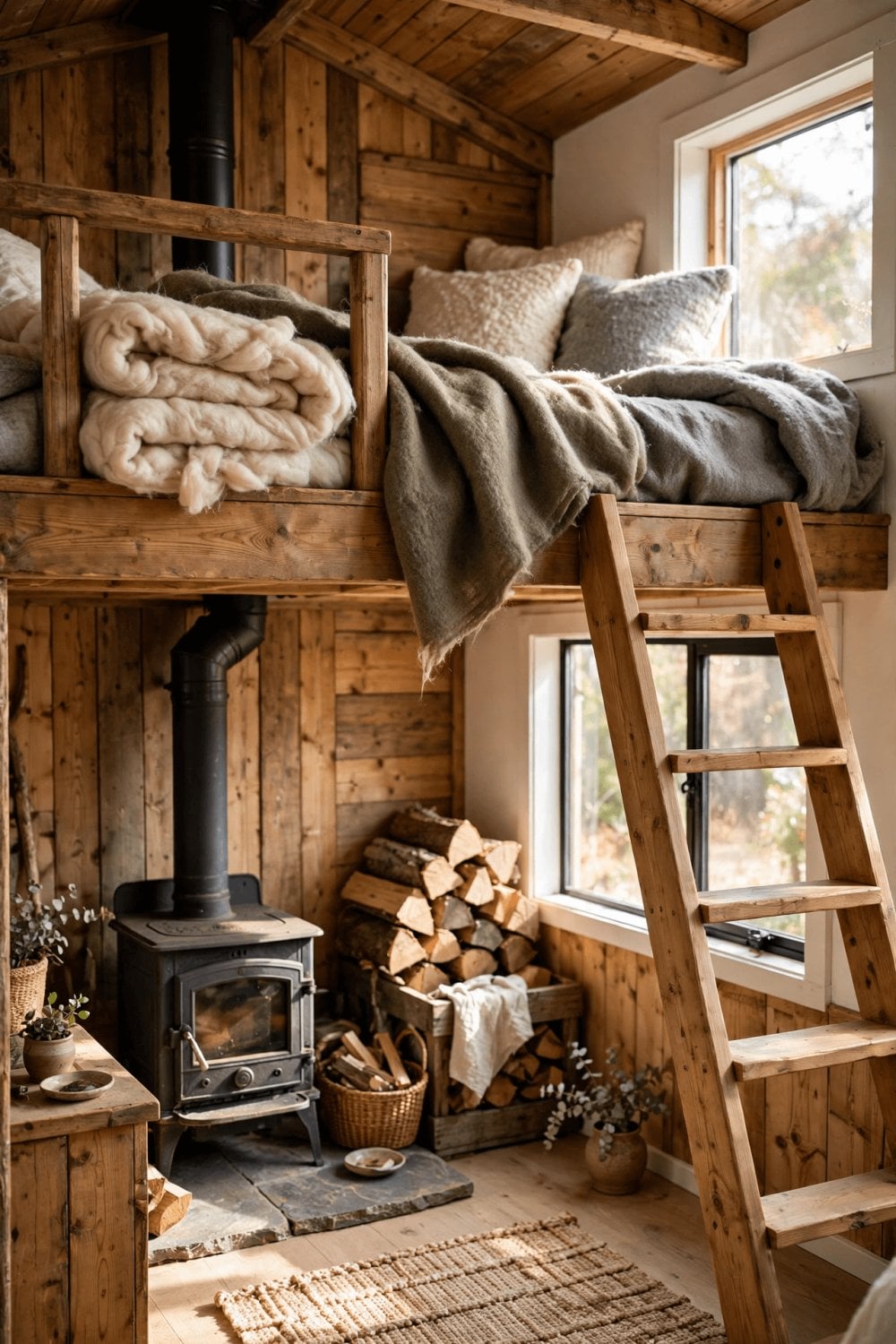 rustic tiny house interior pin showing a sleeping loft with reclaimed wood, wool bedding and a leather reading chair