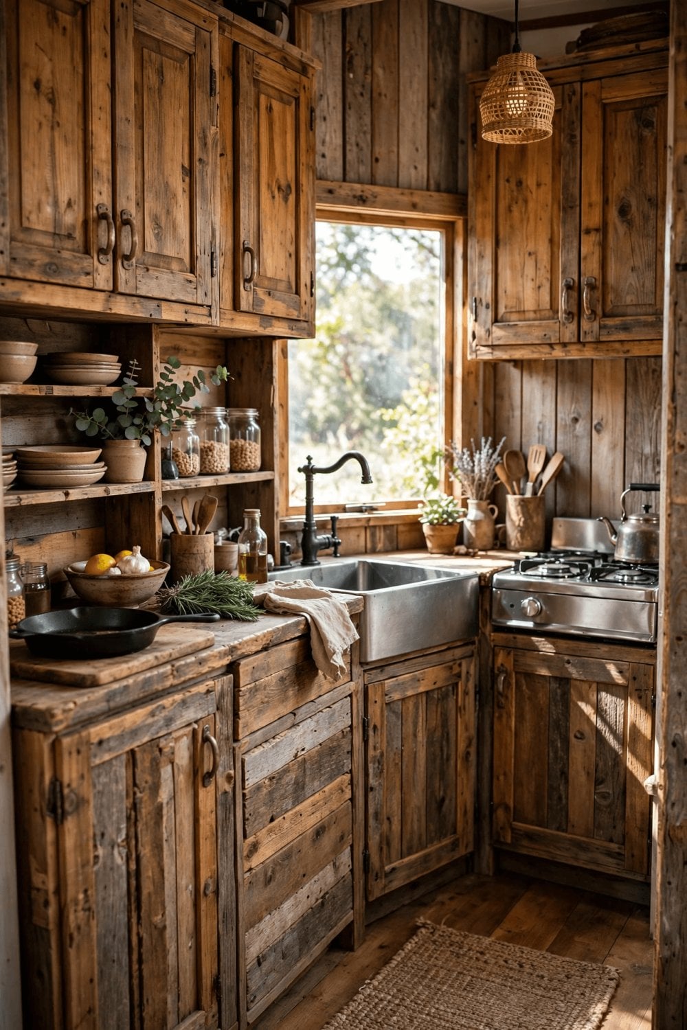 rustic tiny house interior pin with wood-clad walls, a small stone accent and matte black iron lighting in a compact living space