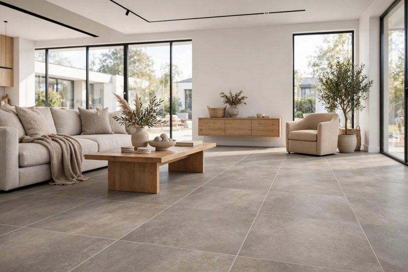 sanded vs unsanded grout: wide floor joints in a tiled kitchen