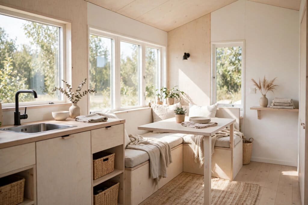 Bright scandinavian tiny house interior with pale timber, white walls and calm functional furniture