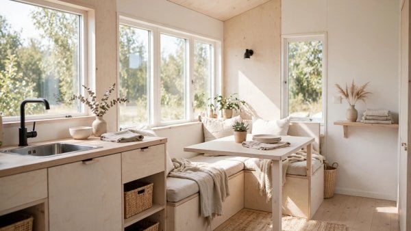 Bright scandinavian tiny house interior with pale timber, white walls and calm functional furniture