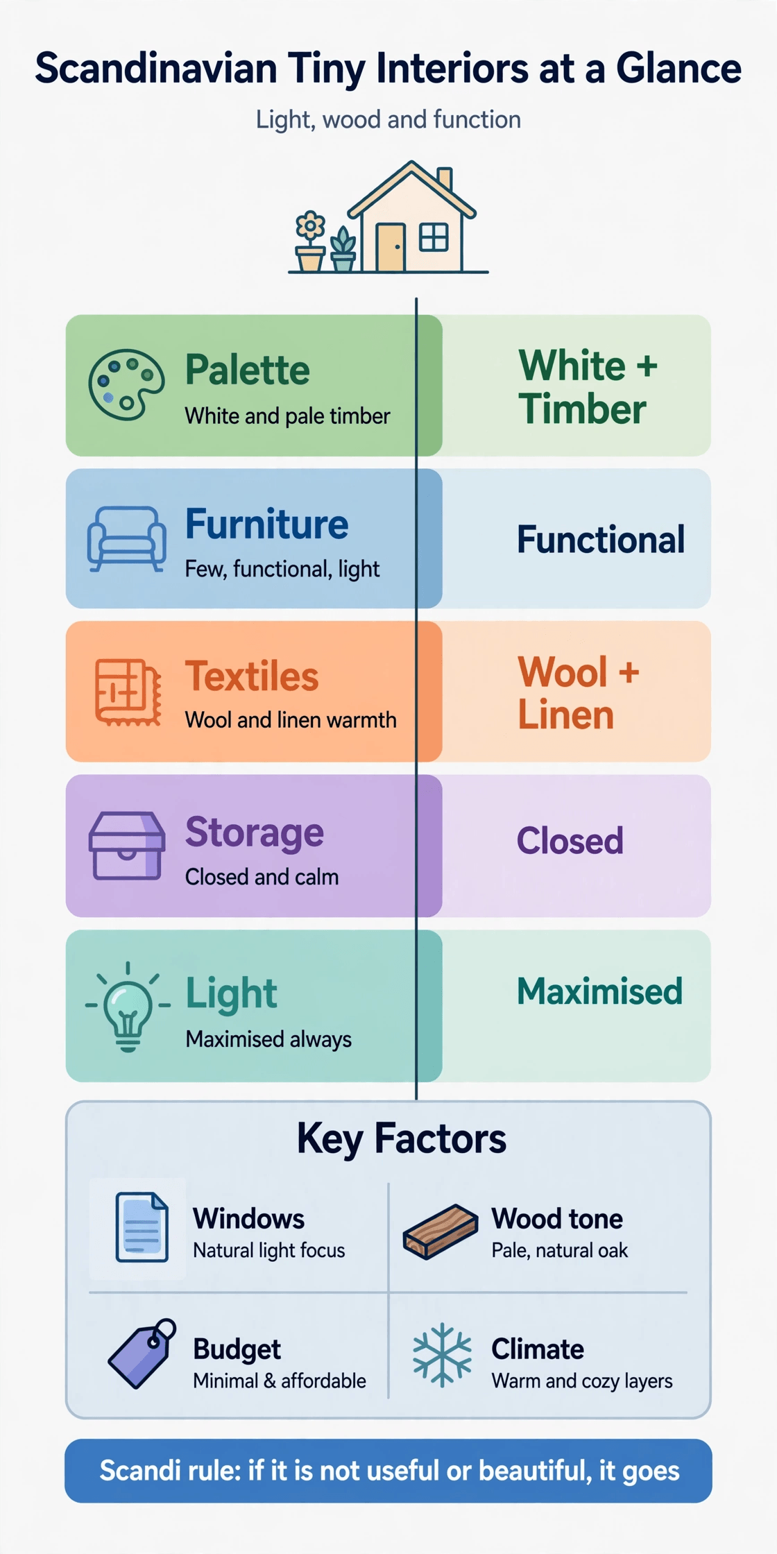 Scandinavian tiny house interior infographic summarising light, pale wood, textiles and calm storage ideas
