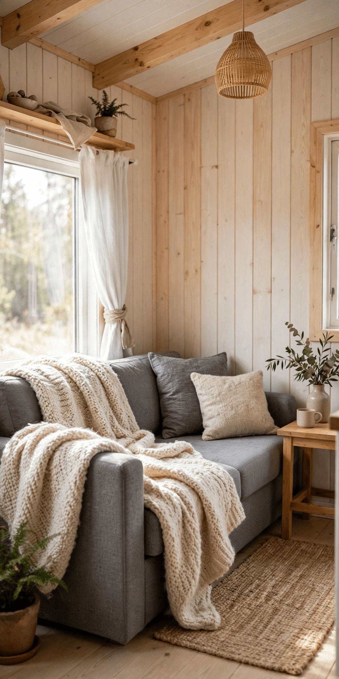 Scandinavian tiny house interior pin with a wool throw, pale timber bench and uncluttered closed storage