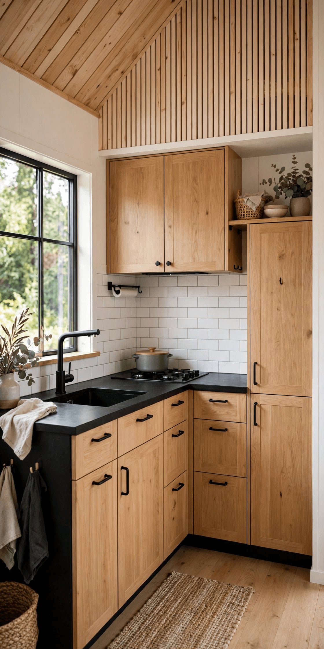 Scandinavian tiny house interior pin showing a calm pale-wood living corner with linen cushions and closed storage