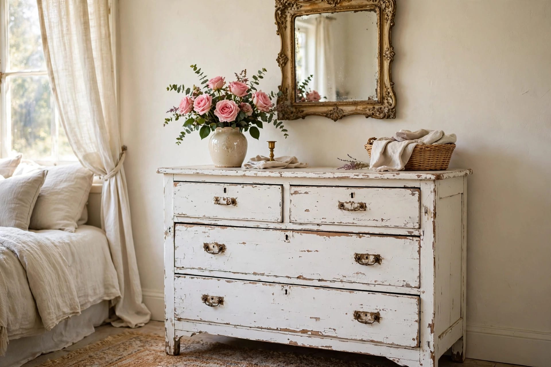 shabby chic bedroom: blush and cream colour palette