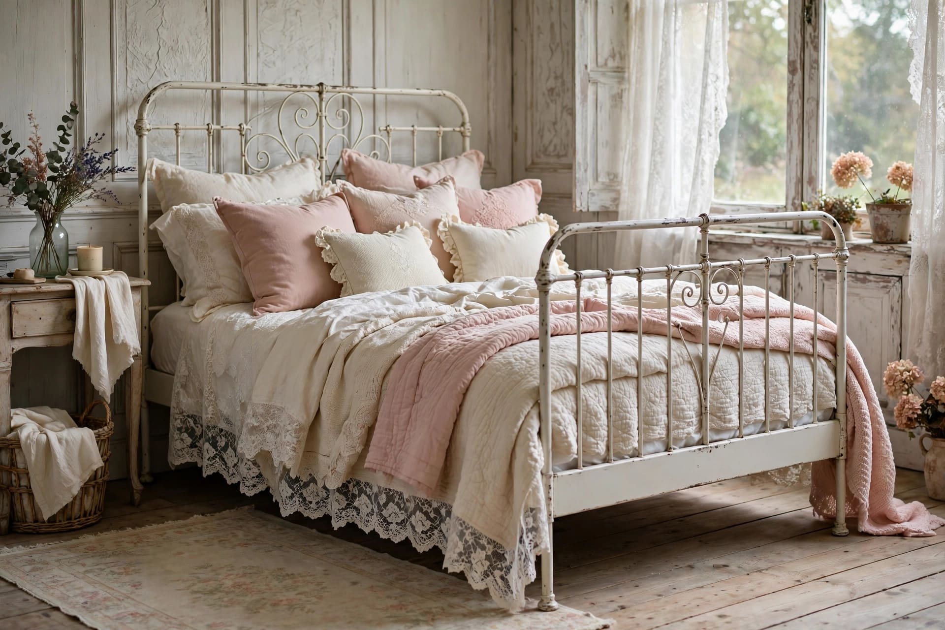 shabby chic bedroom: layered linen bedding and quilt