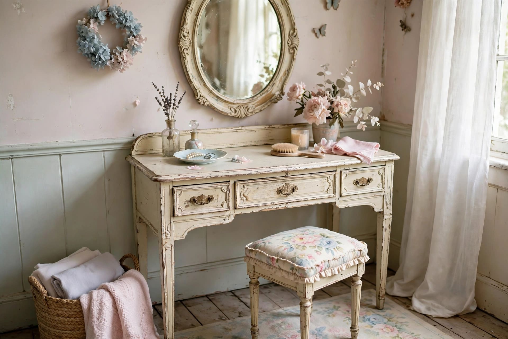 shabby chic bedroom: distressed painted dresser