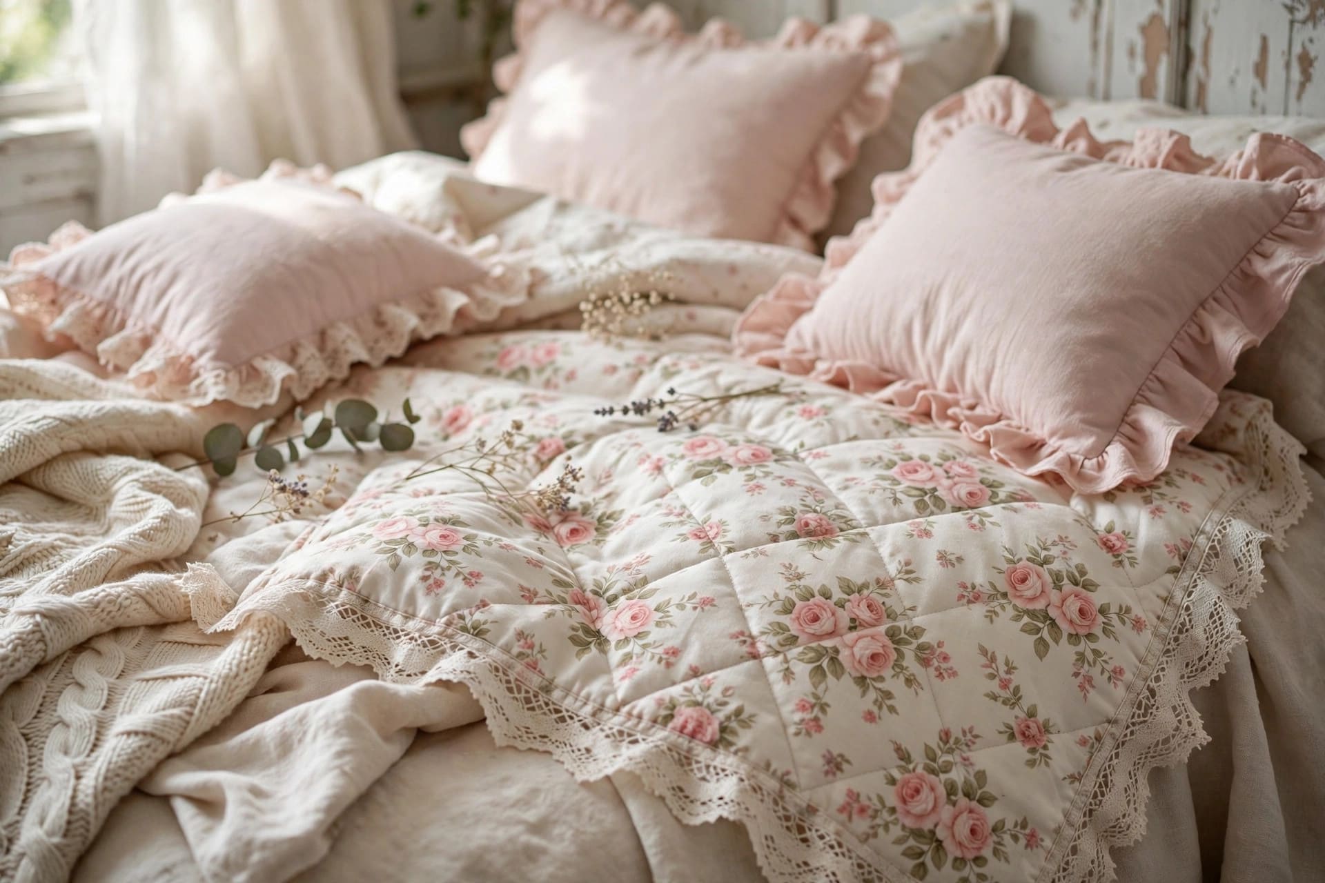 shabby chic bedroom: baskets and trunk storage