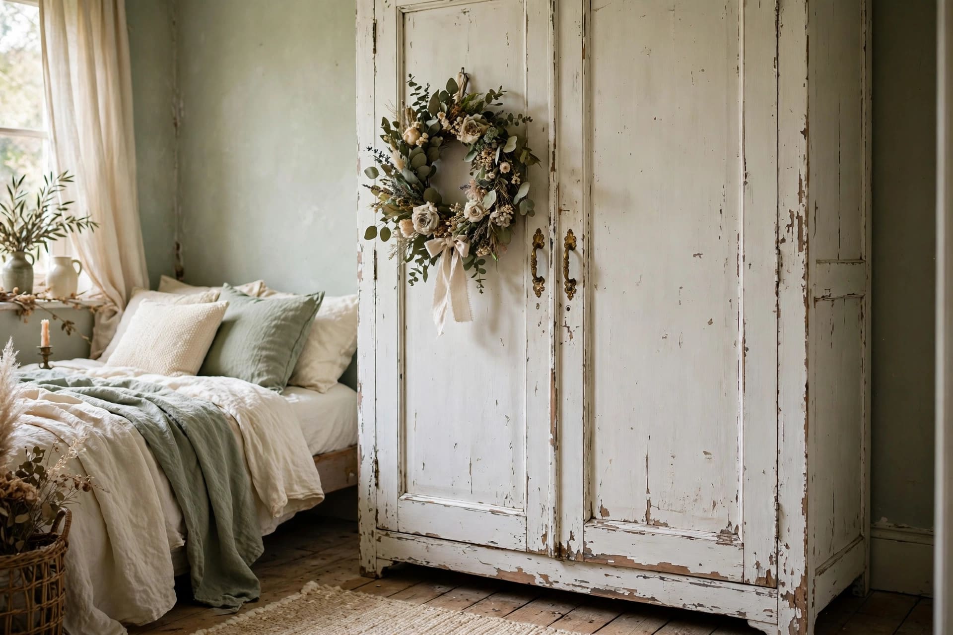 shabby chic bedroom: sheer curtains and soft lamplight