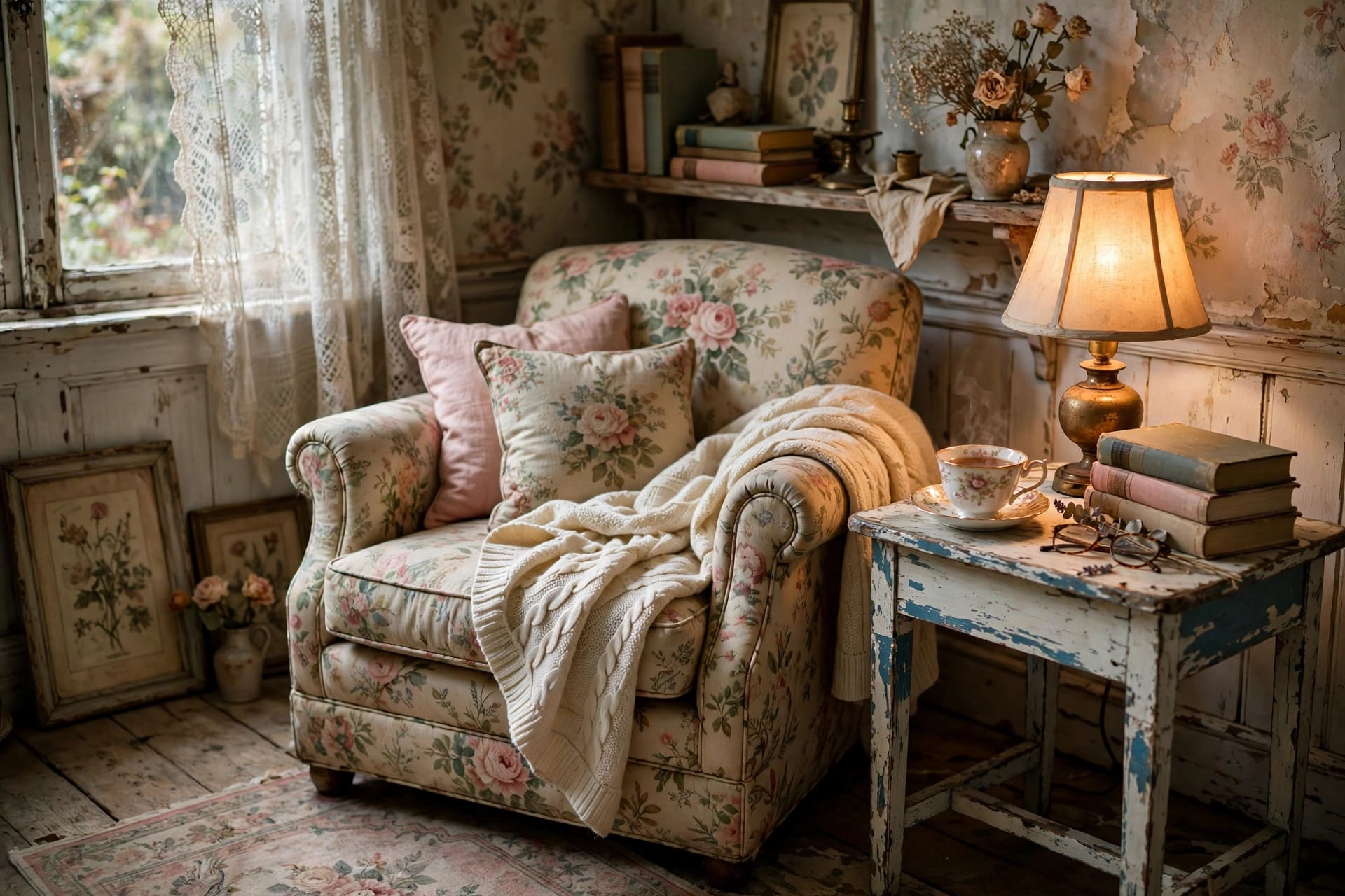 shabby chic bedroom: flowers jug and framed prints
