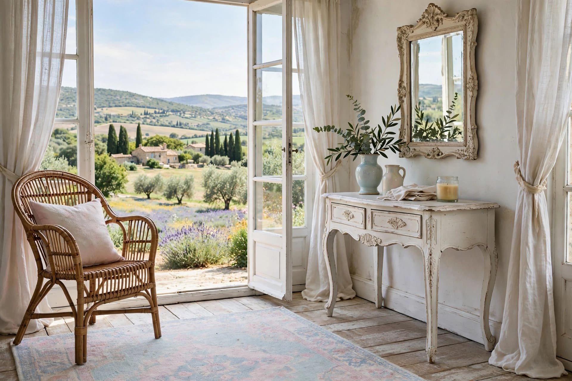 shabby chic living room: pastel pink armchair beside a vintage side table