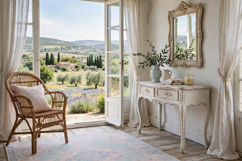 shabby chic living room: pastel pink armchair beside a vintage side table