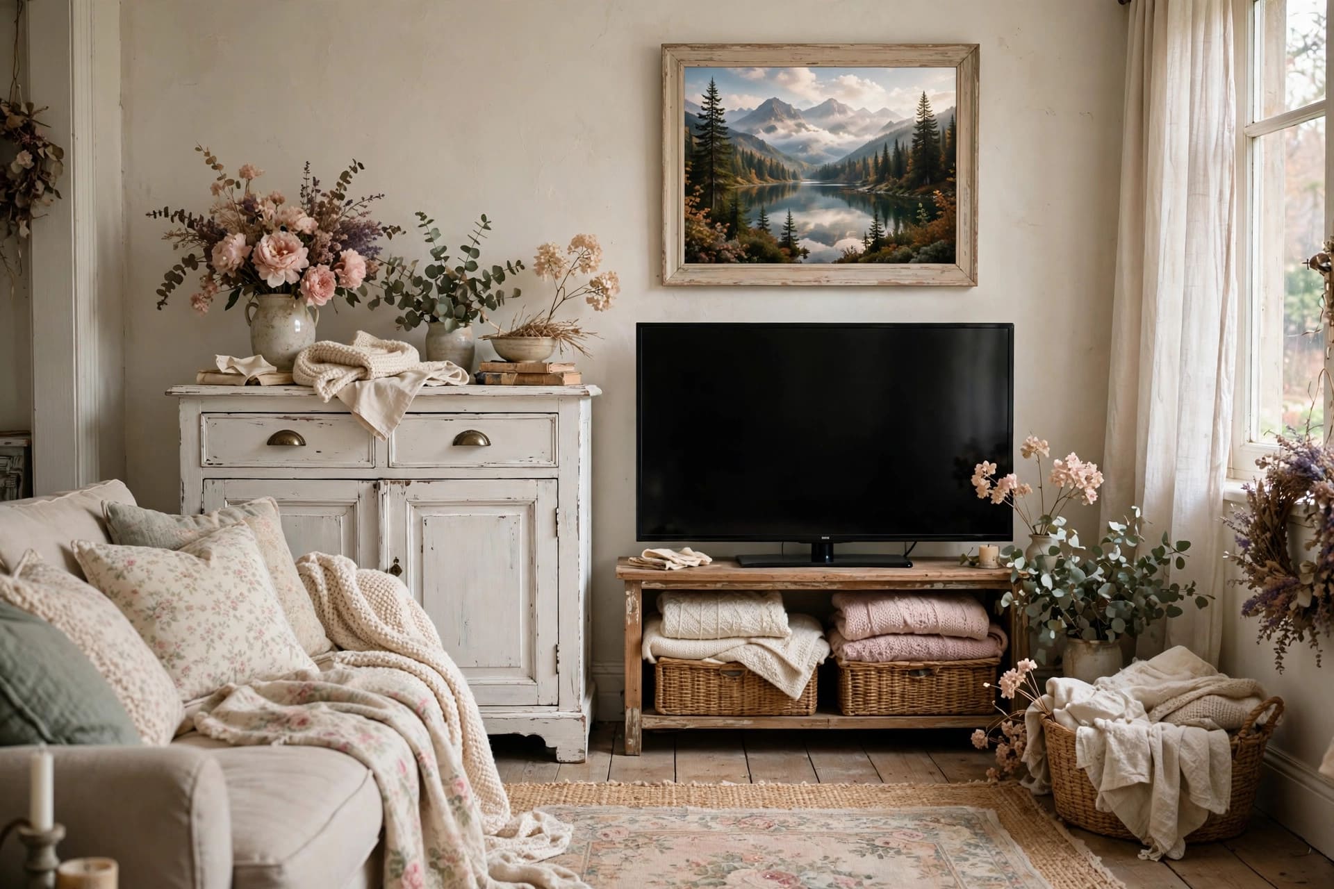 shabby chic living room: lace curtains and a chandelier over a soft rug