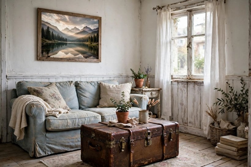 shabby chic living room: vintage mirror and framed prints gallery wall