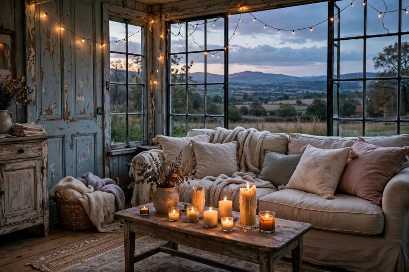 shabby chic living room: cosy reading corner with a knitted throw
