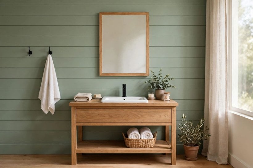 shiplap bathroom: full-wall horizontal boards behind a vanity and mirror
