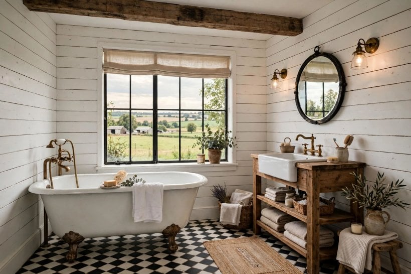 shiplap bathroom: deep green boards with brass fittings and a white bath