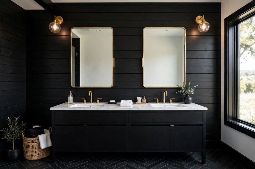 shiplap bathroom: vertical boards lifting a low ceiling above a basin
