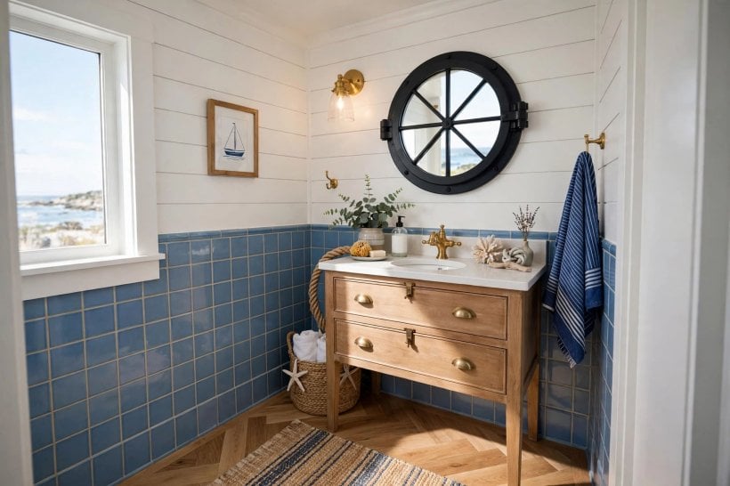 shiplap bathroom: boards paired with plain tile, stone and a wood-effect floor