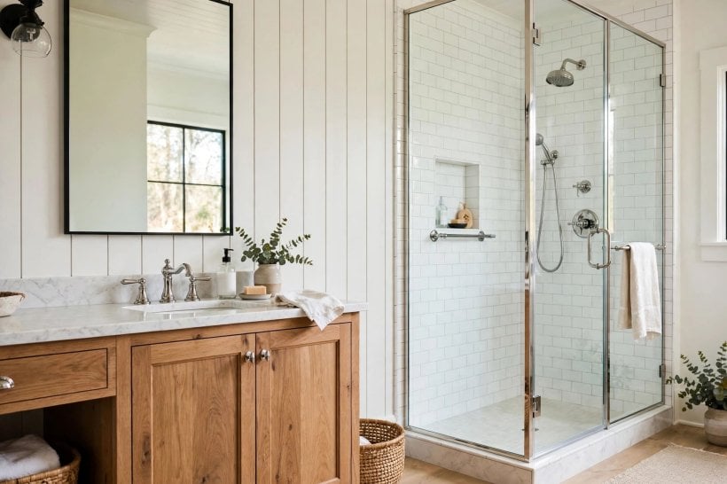 shiplap bathroom: wall lights and black fittings against painted boards