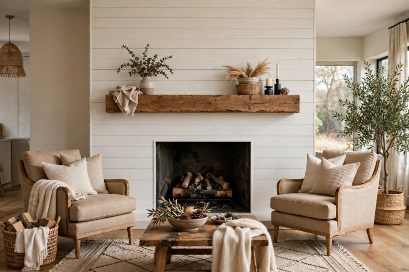 shiplap wall: horizontal boards behind a calm neutral sofa
