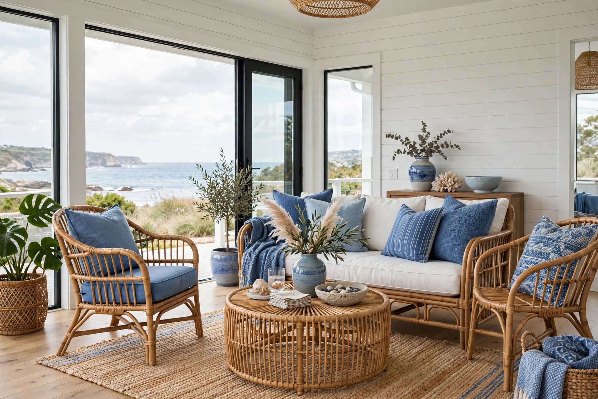 shiplap wall: soft sage boards with cream upholstery