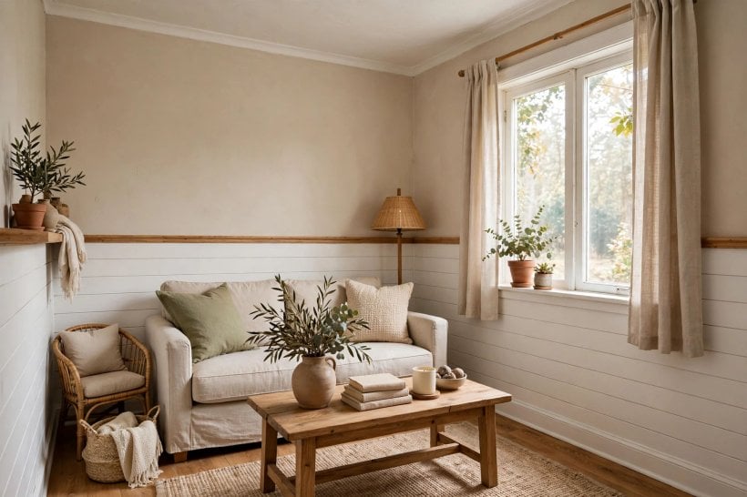 shiplap wall: boards fitted neatly around a bright window