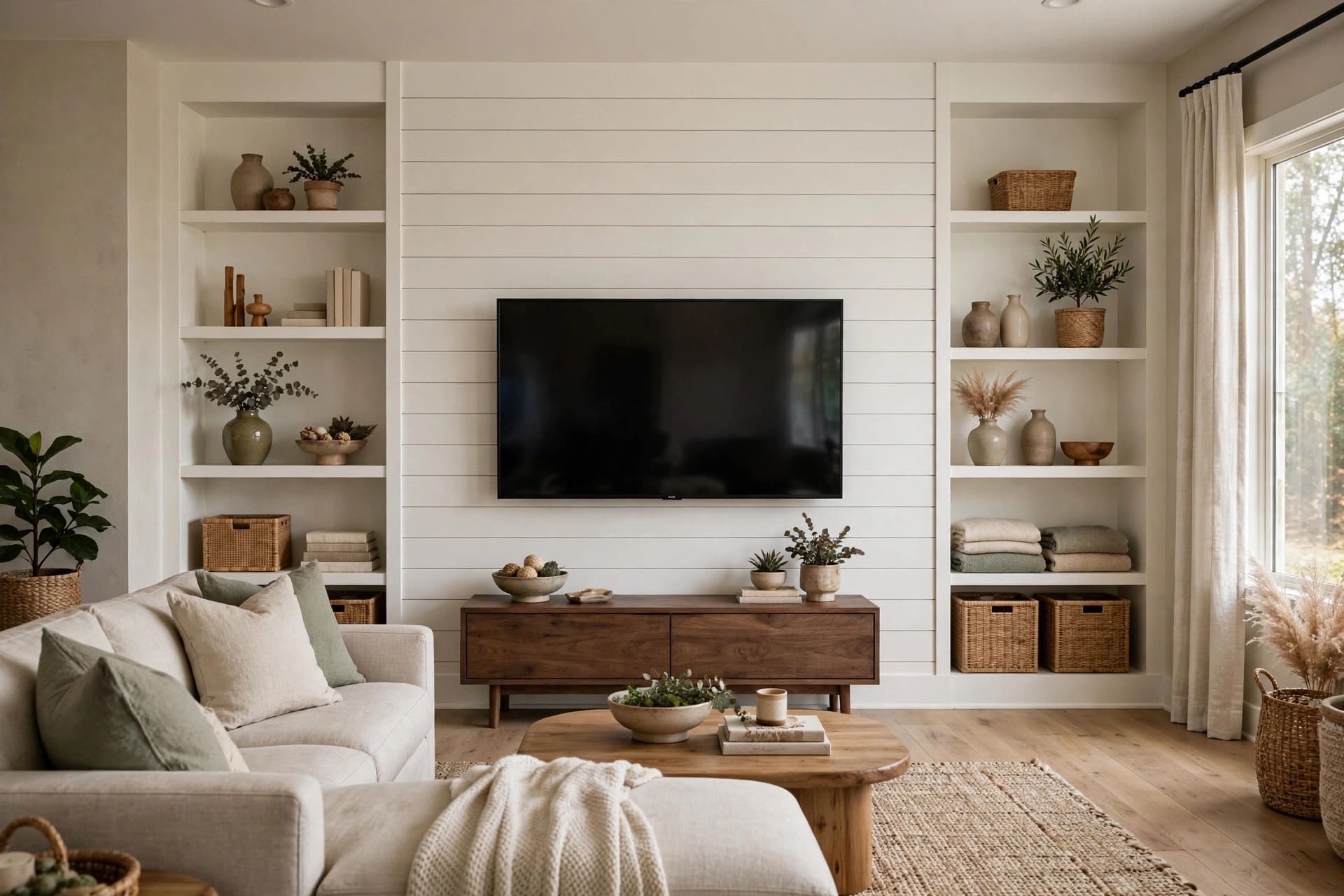 shiplap wall: layered cushions, throw and artwork against boards