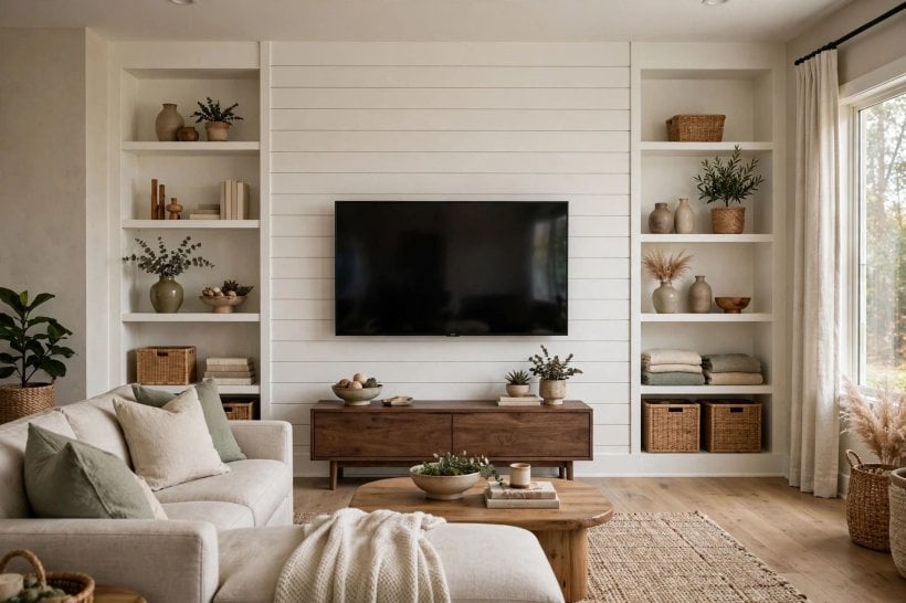 shiplap wall: layered cushions, throw and artwork against boards