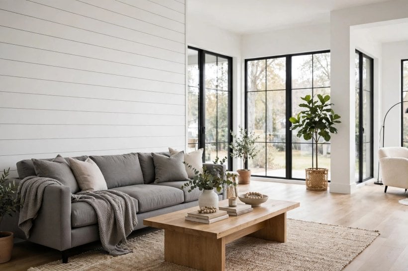 shiplap wall: living room feature wall behind a sofa