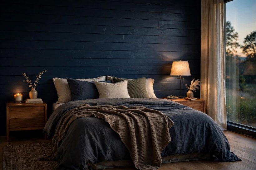 shiplap wall: headboard wall in a calm bedroom