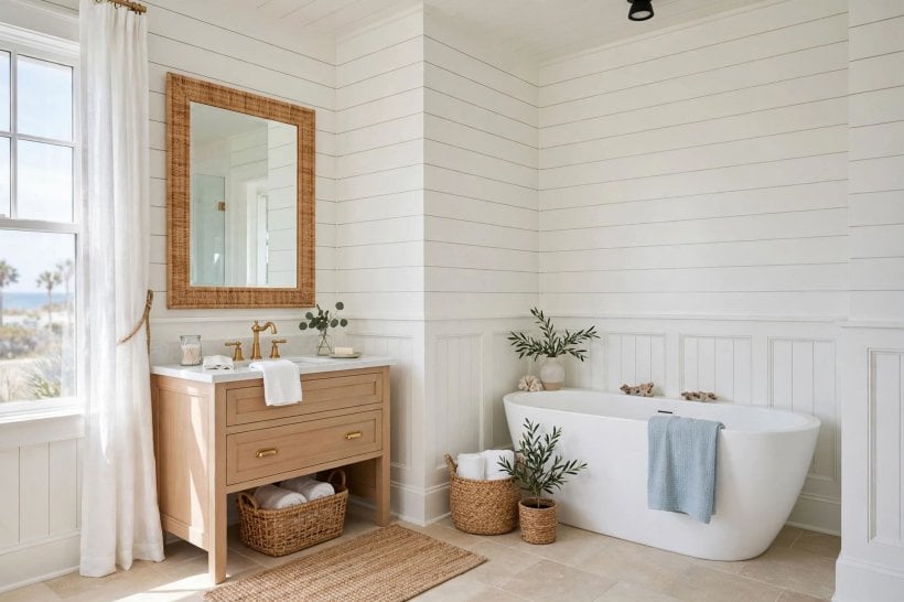shiplap wall: bathroom vanity backdrop with boards